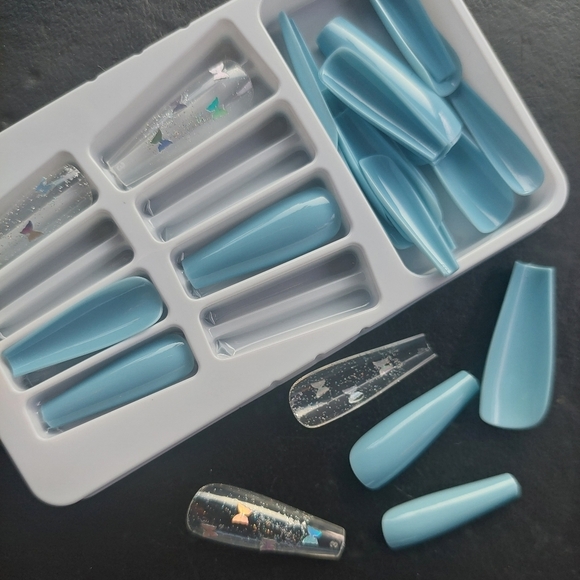 Beautiful Nails- Long Coffin Blue  Butterfly Glitter Press On - Picture 2 of 5